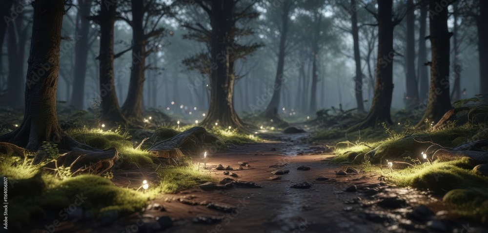 Fototapeta premium Dark wooden forest floor with mossy trees and twinkle lights, ambient , twinkling lights