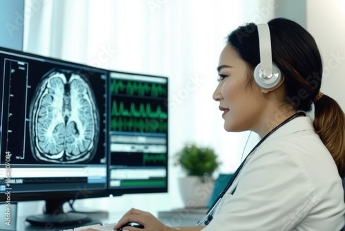 Professional medical practitioner engaged in telemedicine consultation, analyzing brain scan results on dual monitors with headphones in a modern healthcare setting.
