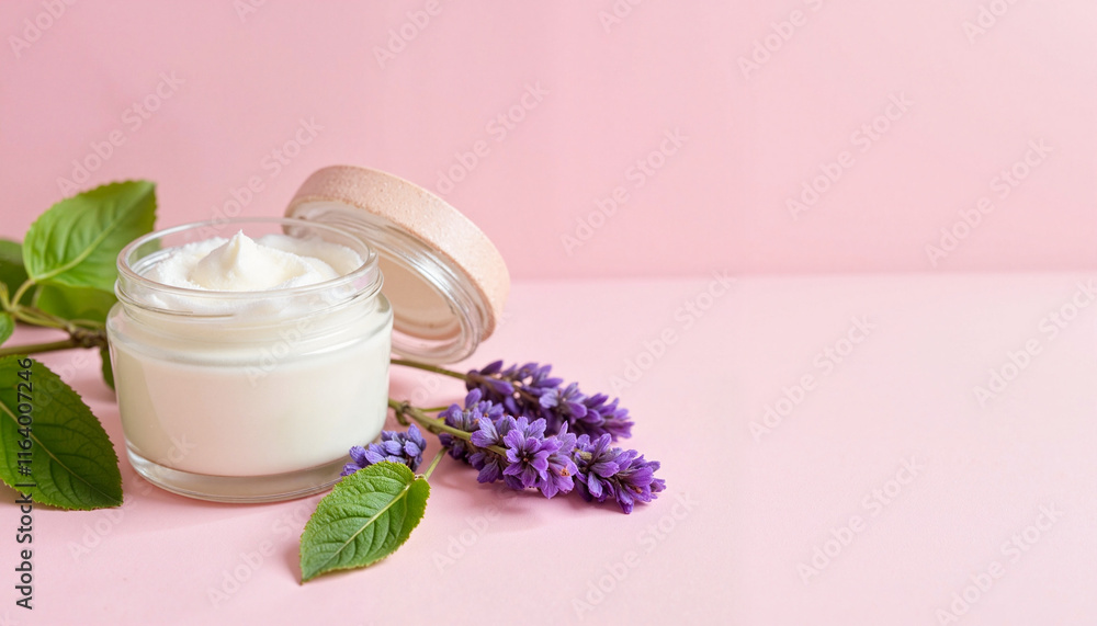 Moisturizing cream jar with lavender on pink background Moisturizing cream jar with lavender on pink background