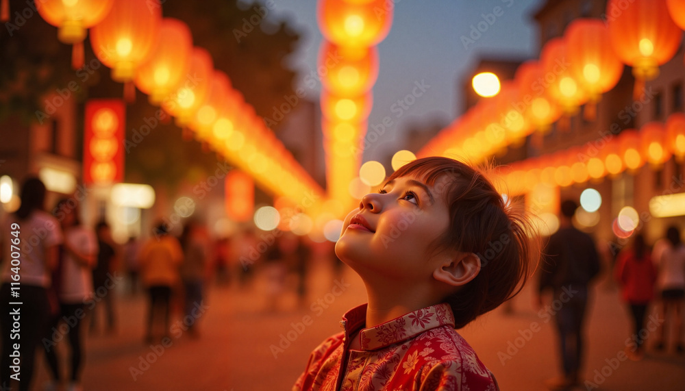 Obraz premium Child looking up at lanterns during festive evening celebration