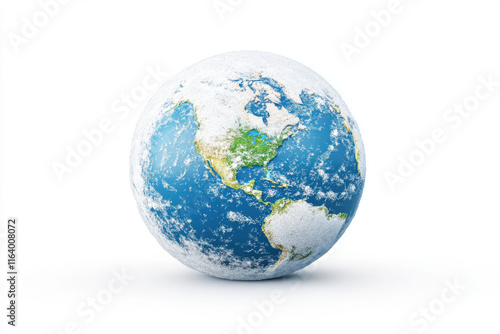 snow covered globe showcasing Earth with icy textures and vibrant land