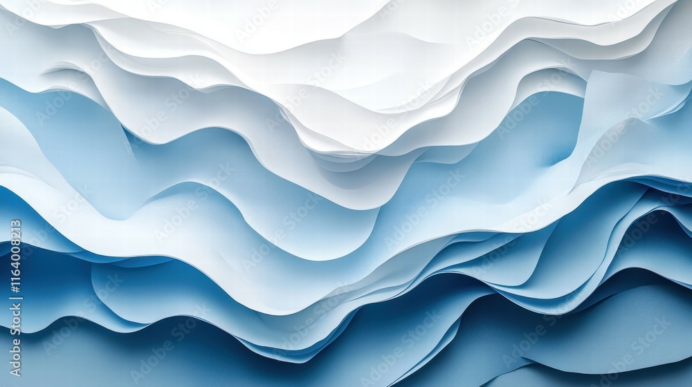 Obraz premium Abstract layered paper design in shades of blue and white, creating a wave-like effect.