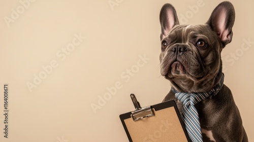 French bulldog in striped tie holds clipboard against minimalist beige background photo