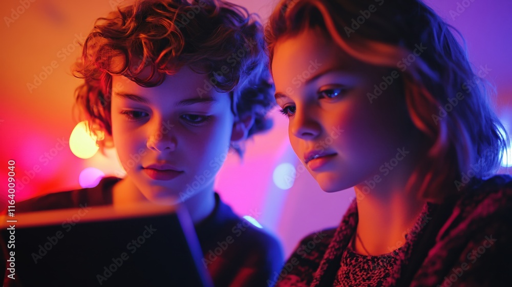 Fototapeta premium Children Engaged in Reading Together with Soft Colorful Lighting Background