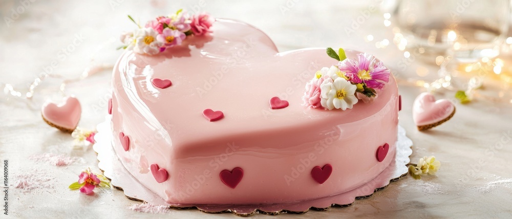 Pink heart-shaped cake concept for Valentine's Day. Pink heart-shaped cake decorated with flowers and hearts Pink heart-shaped cake concept for Valentine's Day. Pink heart-shaped cake decorated with flowers and hearts