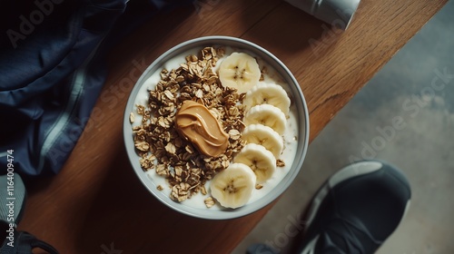 Bowl of creamy yogurt with granola muesli cereal banana peanut butter spread in gym room, fitness, metal spoon, dumb bells, equipment, top down	 photo