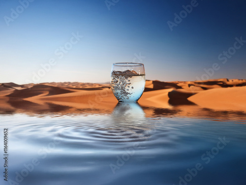 A glass of water sits on a shimmering desert oasis, reflecting the vast, sandy dunes under a clear sky.  The scene evokes thirst, preciousness, and the contrast between arid land and life-giving liqui photo