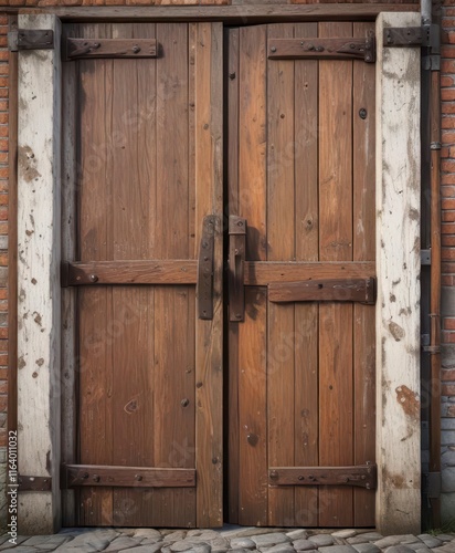 Distressed, worn wooden door with rusty hinges and weathered planks,  decayed,  rugged,  rustic