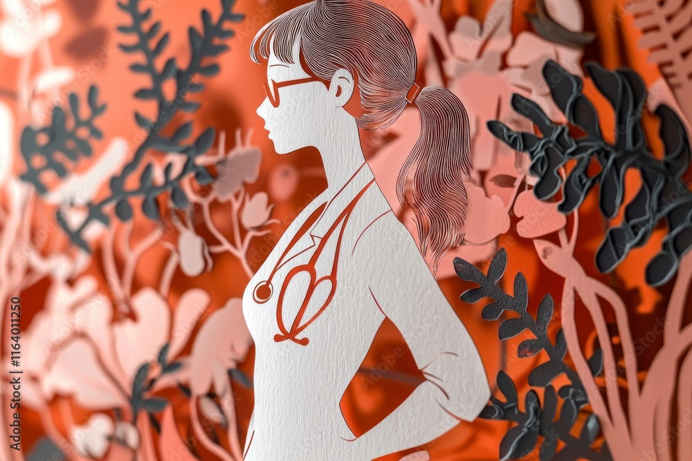 Obraz premium Minimalist Paper Cut Illustration of an Asian Woman with a Stethoscope Surrounded by Floral Elements, Highlighting a Modern and Simple Aesthetic