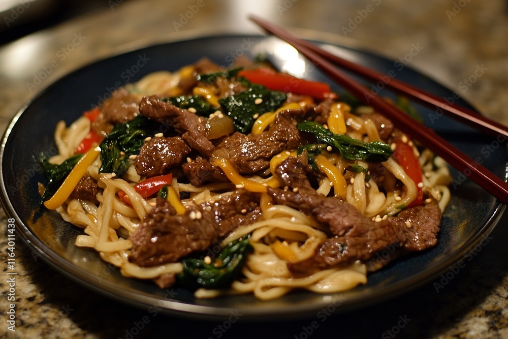 A plate of beef lo mein with chopsticks with
generative ai A plate of beef lo mein with chopsticks with
generative ai