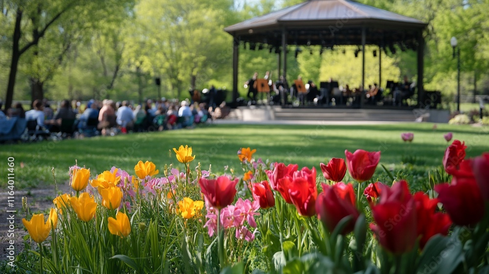 Outdoor concert in park with tulips. Outdoor concert in park with tulips.