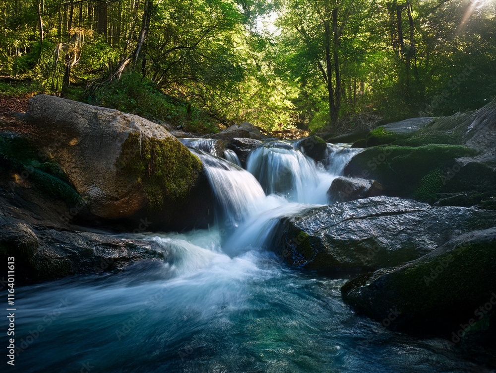 Sunlight dapples a serene forest stream cascading over moss-covered rocks. The water flows smoothly, creating a tranquil scene. Sunlight dapples a serene forest stream cascading over moss-covered rocks. The water flows smoothly, creating a tranquil scene.
