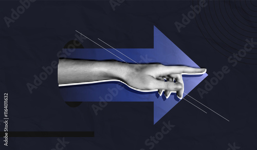 Trendy Halftone Collage Hand pointing finger and forward arrow. Business success and startup development. Social media marketing and promotion. Indicate direction. Contemporary art vector illustration