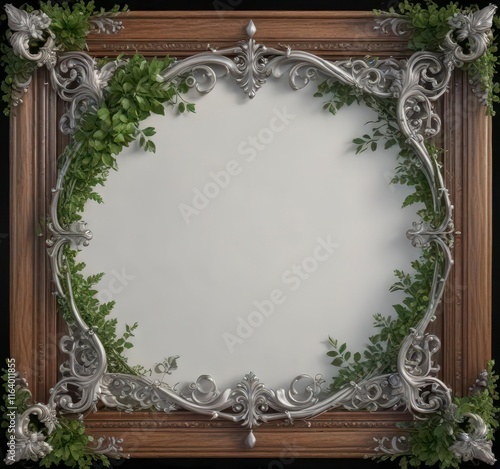 Elegant silver scroll element intertwined with lush greenery and vines within a ornate wooden frame,  greenery,  scroll,  wood photo