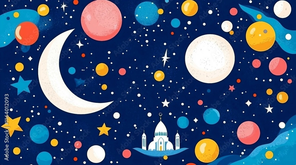 Colorful Celestial Scene with Moon, Stars, and Planets in Space Colorful Celestial Scene with Moon, Stars, and Planets in Space