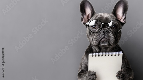 French bulldog in round glasses holding notepad on gray background for minimalistic design