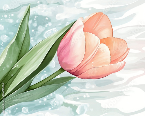 a single tulip in soft pink and peach tones, floating in an ethereal, underwater pastel setting. watercolor brushstrokes bring out the tulip's petals, surrounded by gentle ice crystals photo