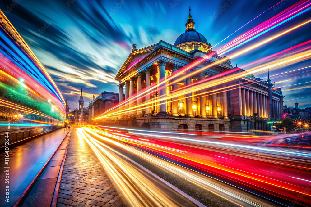 Fototapeta premium Vibrant cityscape with light trails and historic architecture at dusk