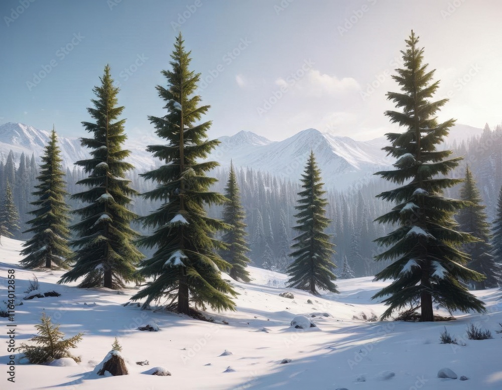 Fototapeta premium Evergreen fir trees stand tall amidst a snowy forest landscape, evergreen, forest