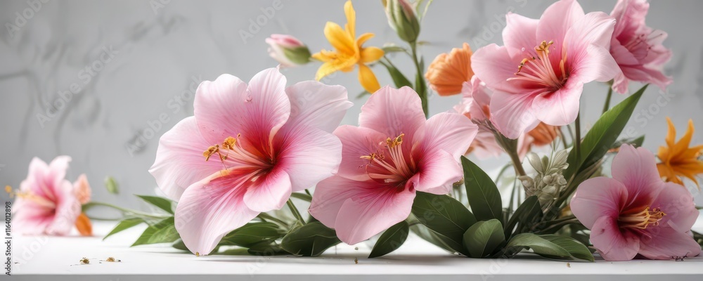 Exotic flower mix in elegant composition on pure white surface, botanical, design, foliage Exotic flower mix in elegant composition on pure white surface, botanical, design, foliage