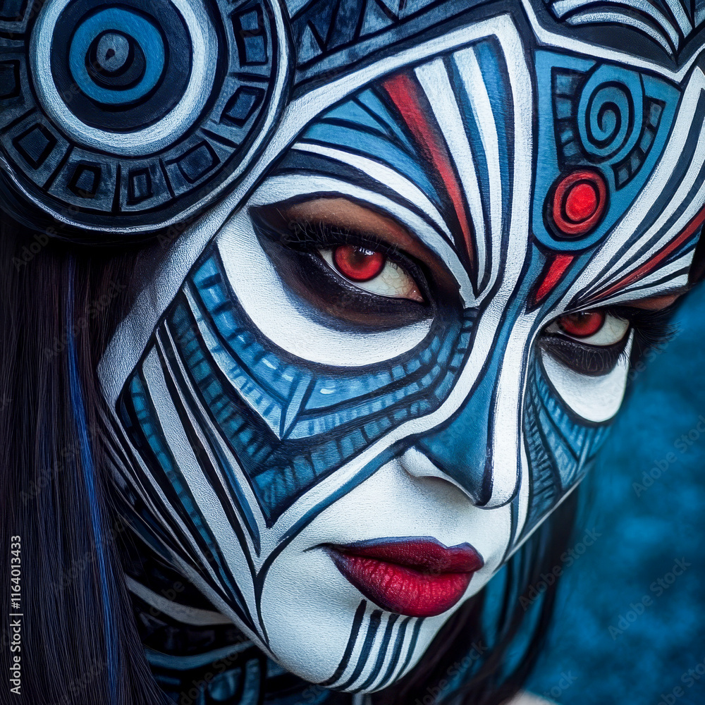 Naklejka premium Close-up of a woman with intricate blue and red tribal-style face paint, showcasing futuristic and artistic makeup design