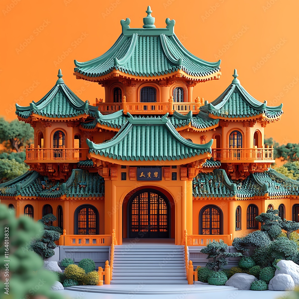 Fototapeta premium Artistic Chinese Pavilion Design Featuring Steps and Ornamental Garden Details Illustration