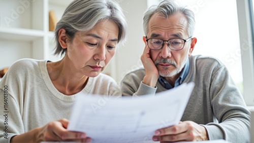 Senior couple looking worried at documents, discussing financial planning or legal matters, reflecting concerns about future security and decision-making.
