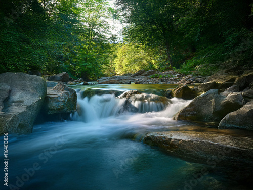 Serene stream flows through lush forest, cascading over smooth rocks. Sunlight filters through the canopy, creating a tranquil scene.  The water is clear and blue.