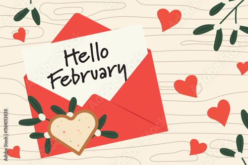 hello february written on the paper note in the red envelope with heart gingerbread and mistletoe twigs on wooden desk, flat lay view- vector illustration