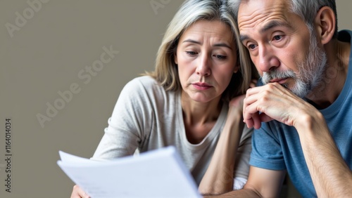 Senior couple looking worried at documents, discussing financial planning or legal matters, reflecting concerns about future security and decision-making.