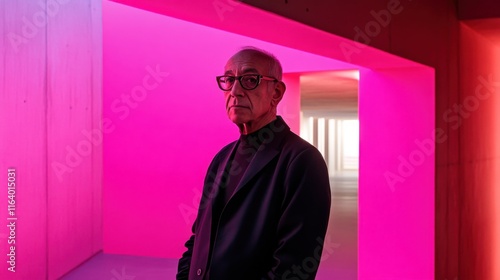 Luis Barragan poses in an architectural space illuminated by vibrant lighting