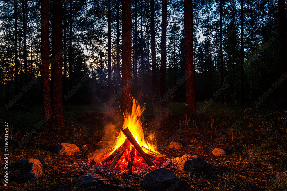 Campfire glow illuminates a tranquil forest night Campfire glow illuminates a tranquil forest night
