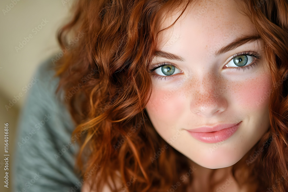 Close-up portrait of a beautiful young redhead woman with freckles and green eyes. Close-up portrait of a beautiful young redhead woman with freckles and green eyes.