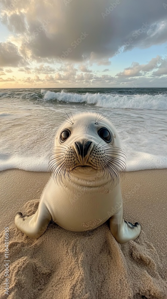 Obraz premium Adorable Seal Pup Poses On Sandy Beach At Sunset
