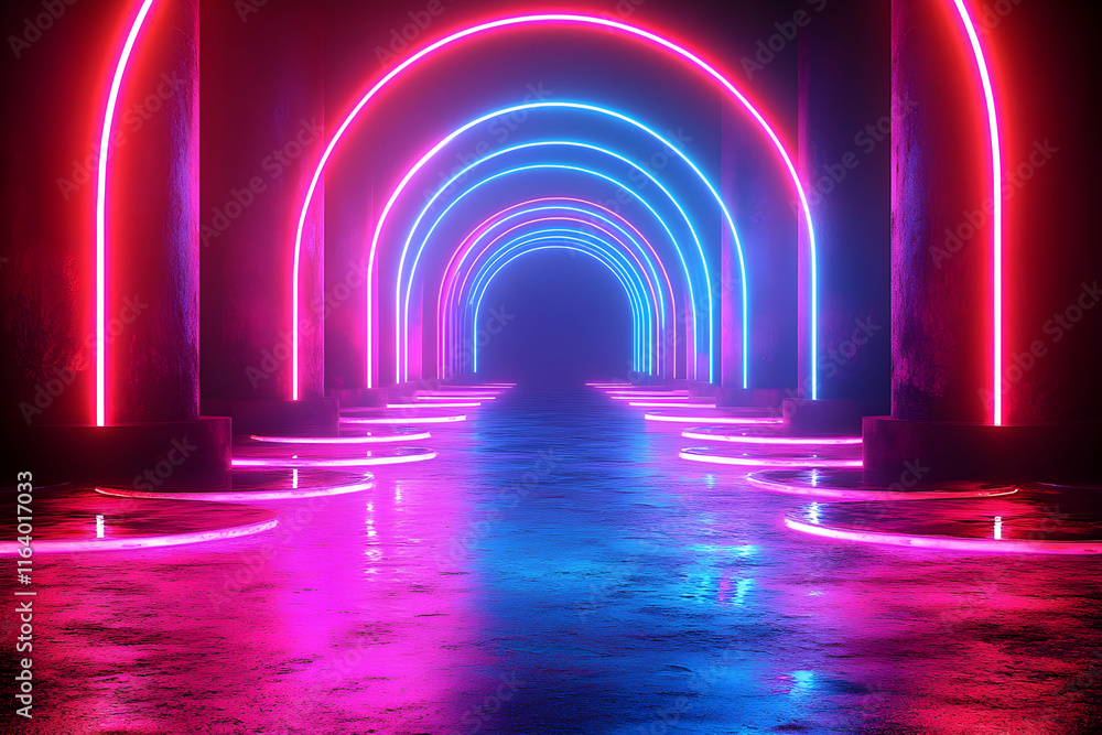 Vibrant Neon Archway 3D Render: Pink and Blue Glowing Pathway Background Vibrant Neon Archway 3D Render: Pink and Blue Glowing Pathway Background