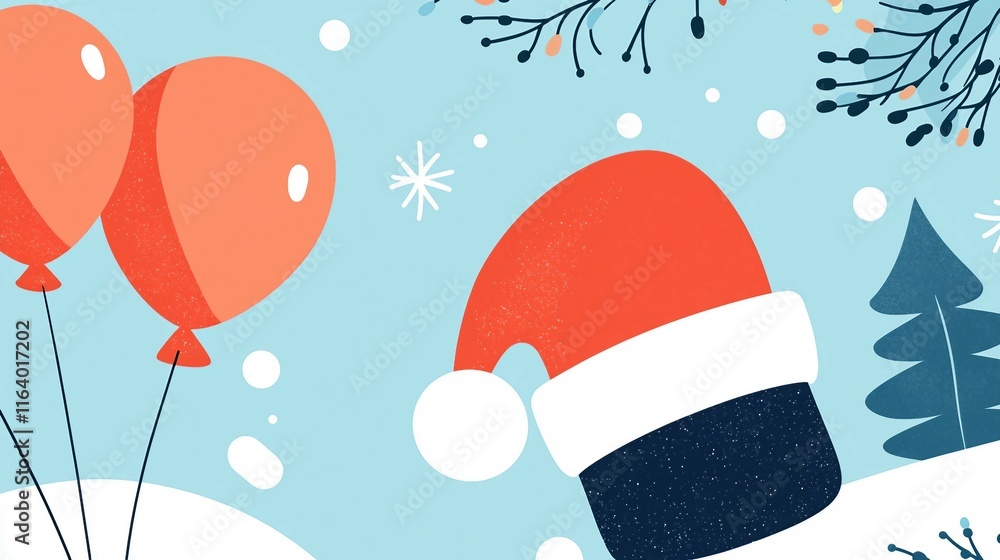 Festive Winter Background with Santa Hat and Colorful Balloons Festive Winter Background with Santa Hat and Colorful Balloons