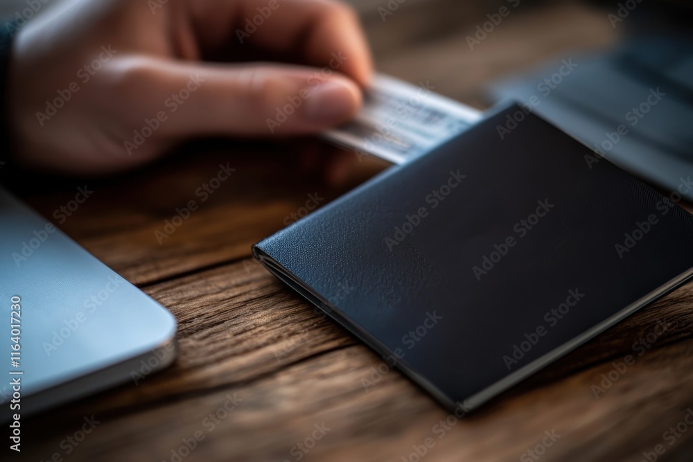 Fototapeta premium A focused moment as a hand places a card inside a black passport on a wooden table, symbolizing travel, identity, and the journey of life that awaits ahead.