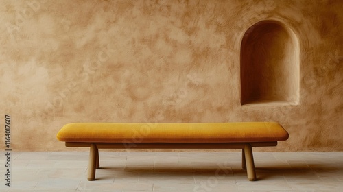 Minimalist yellow bench against a textured brown wall interior