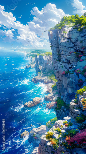 Breathtaking view of rugged cliffs overlooking a vibrant blue ocean, with wildflowers and lush greenery under a sunny sky