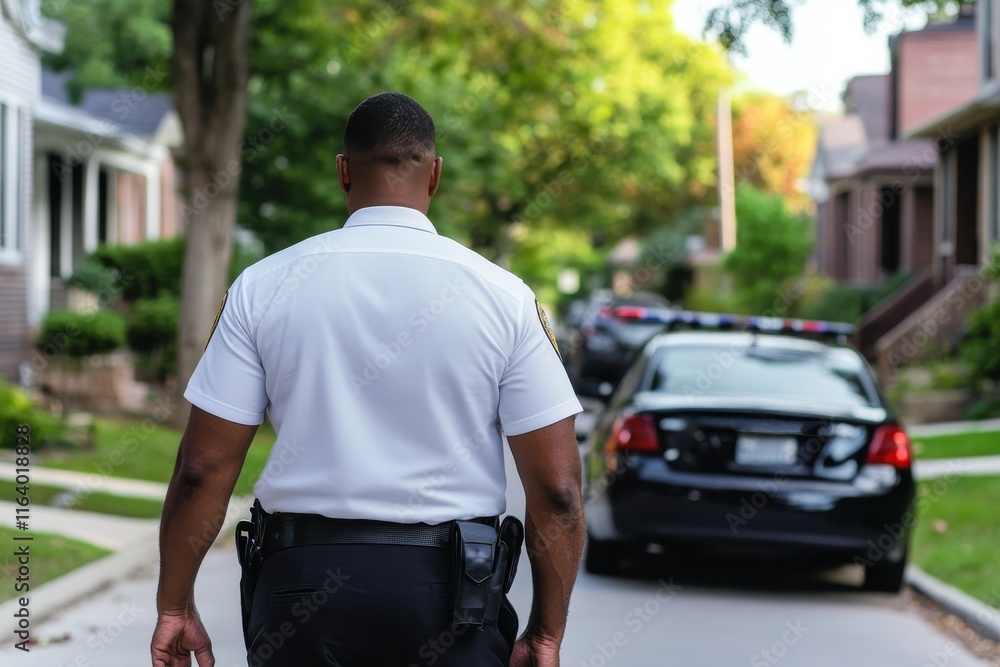 A police officer walking away from a patrol car, indicating the presence of law enforcement in the neighborhood, signifying protection and community vigilance. A police officer walking away from a patrol car, indicating the presence of law enforcement in the neighborhood, signifying protection and community vigilance.
