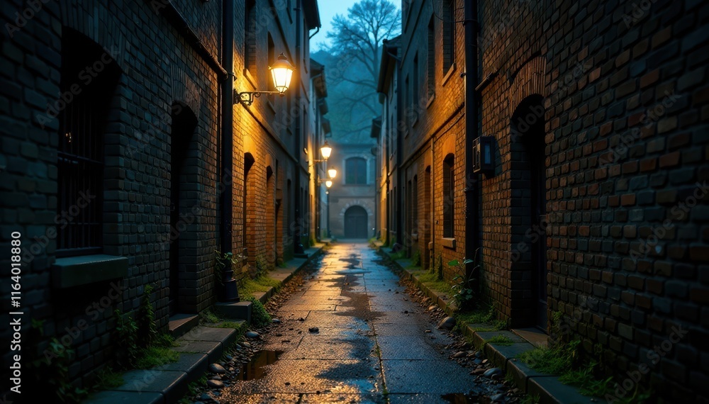 Dark alleys with moss-covered bricks, dim streetlights, grunge red metal background, old buildings, decay Dark alleys with moss-covered bricks, dim streetlights, grunge red metal background, old buildings, decay