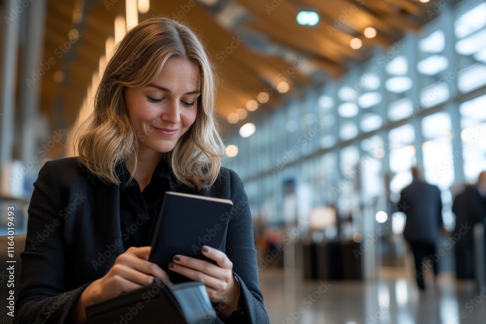 Fototapeta premium A professional woman engaged with a digital device in a contemporary environment, showcasing the blend of technology and modern work culture in everyday life.