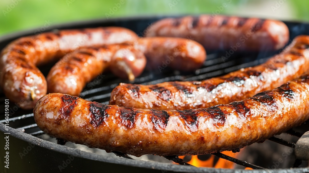 Grilled Sausages on Barbecue Grill with Smoky Flames and Charred Texture Grilled Sausages on Barbecue Grill with Smoky Flames and Charred Texture