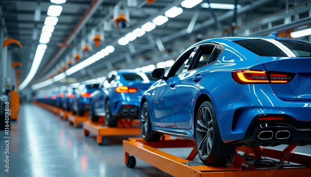 Blue Sports Cars on Assembly Line in Automotive Factory Blue Sports Cars on Assembly Line in Automotive Factory