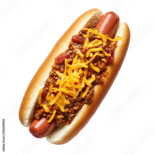 Fotografie Delicious Hot Dog Topped with Chili and Shredded Cheese on Bun