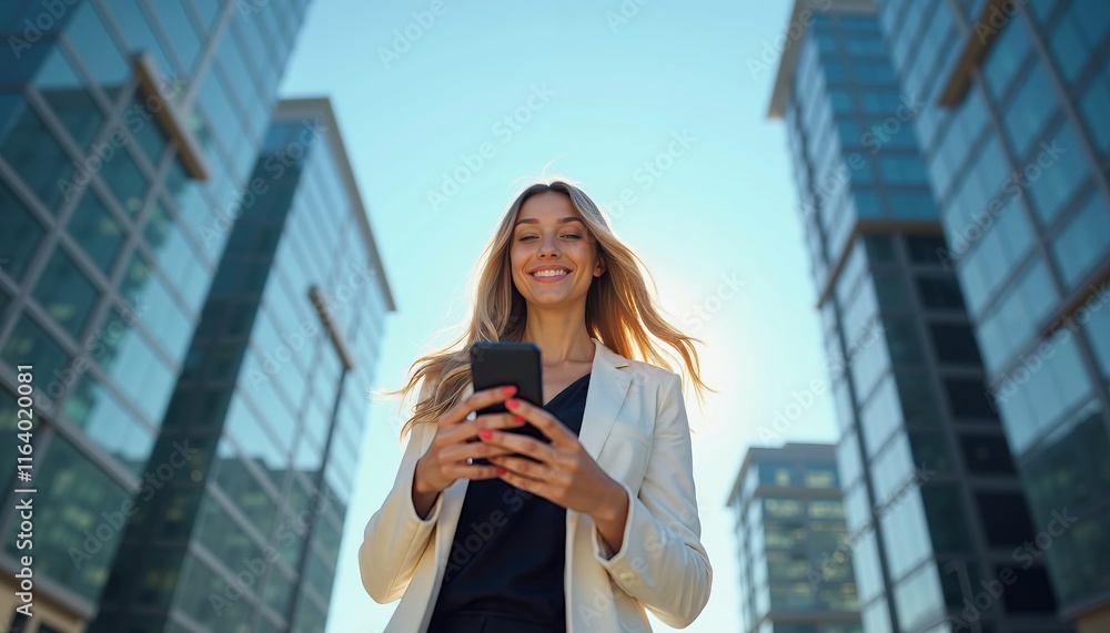 Businesswoman Smiling and Using Smartphone in Urban Setting Businesswoman Smiling and Using Smartphone in Urban Setting