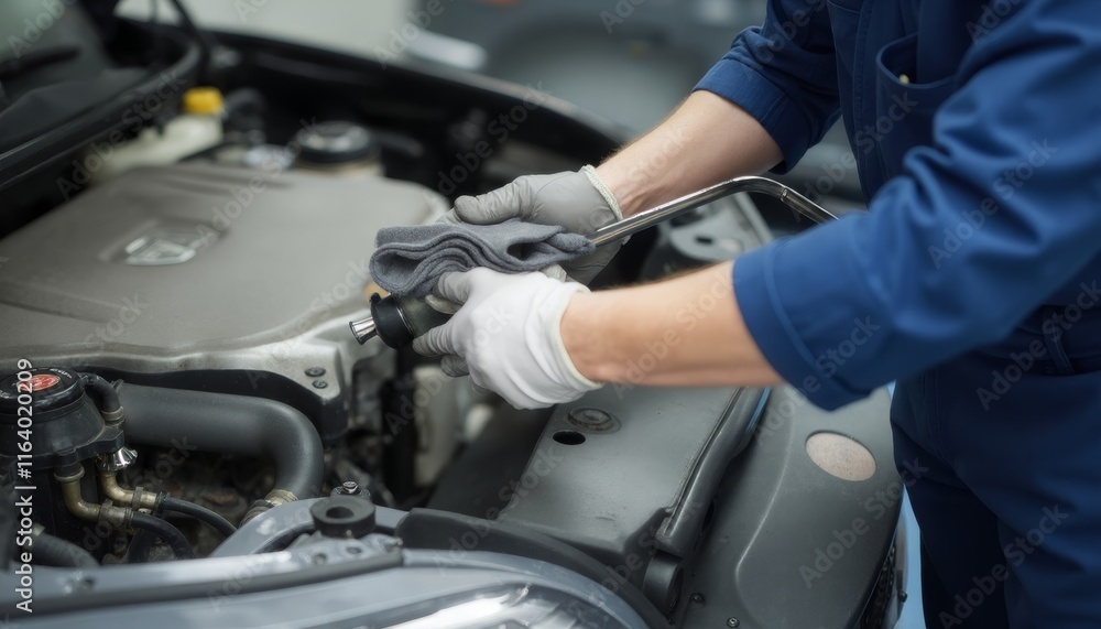 Car Maintenance: Mechanic Checking Engine Components Car Maintenance: Mechanic Checking Engine Components