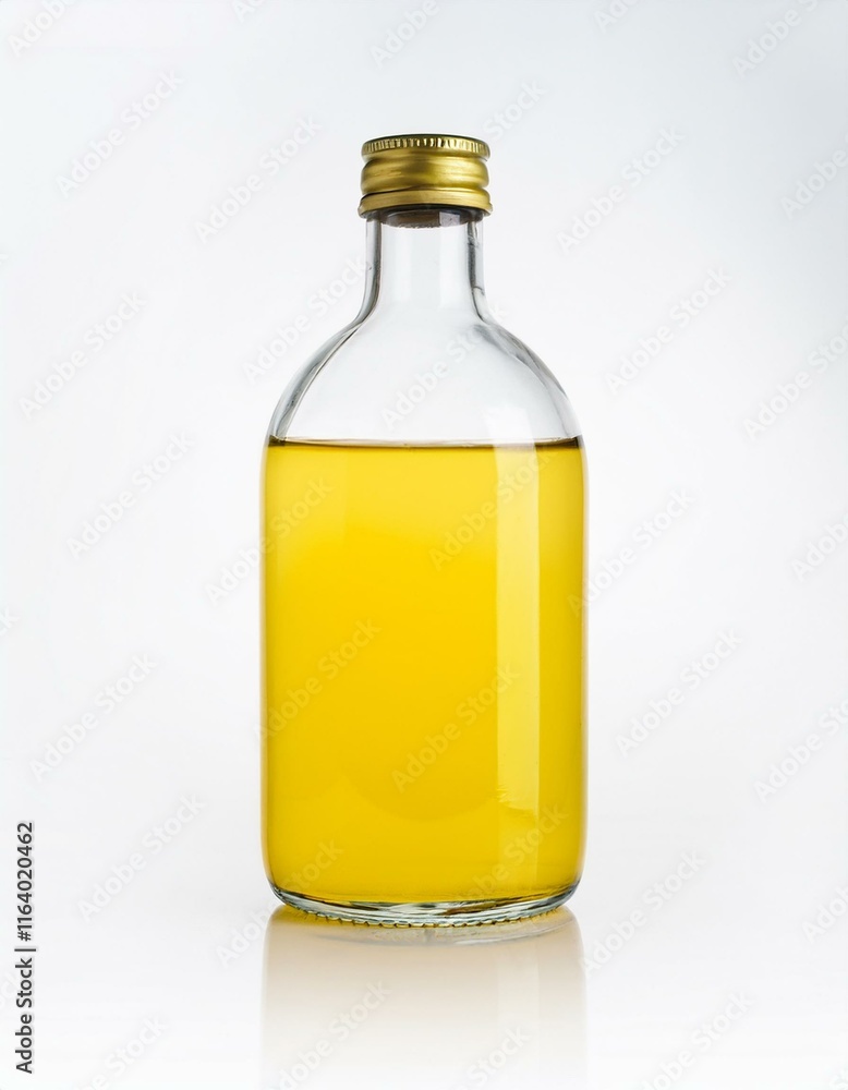A bottle of yellow liquid sits on a white background. A bottle of yellow liquid sits on a white background.