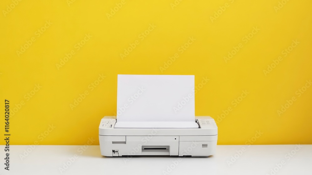Front view of a light printer and a blank A4 paper on a white table on a yellow background, mockup.Office equipment, close-up.Copy space.Multifunction device. Multifunction printer. Front view of a light printer and a blank A4 paper on a white table on a yellow background, mockup.Office equipment, close-up.Copy space.Multifunction device. Multifunction printer.