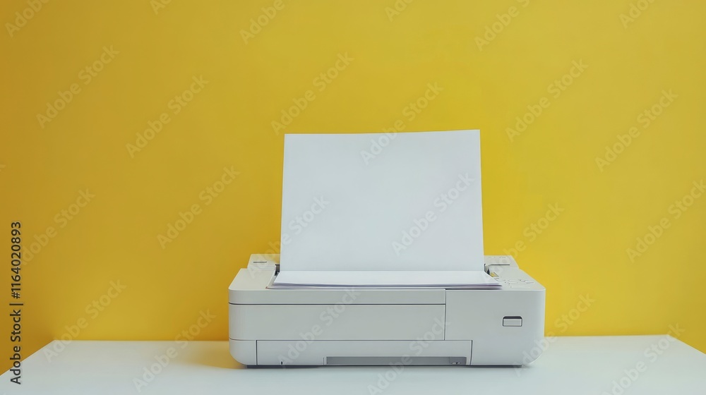 Front view of a light printer and a blank A4 paper on a white table on a yellow background, mockup.Office equipment, close-up.Copy space.Multifunction device. Multifunction printer. Front view of a light printer and a blank A4 paper on a white table on a yellow background, mockup.Office equipment, close-up.Copy space.Multifunction device. Multifunction printer.